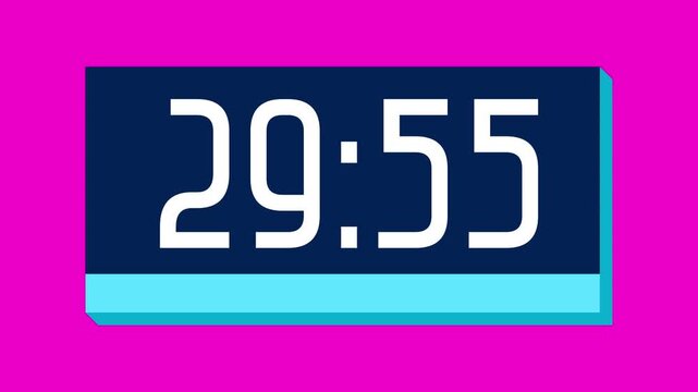 Countdown timer from 30 minute to 29 minute on pink background suitable for presentations, productivity, educational content, and more