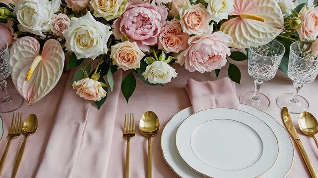 Floral table setting featuring pink roses, anthurium, gold silverware, and elegant glassware