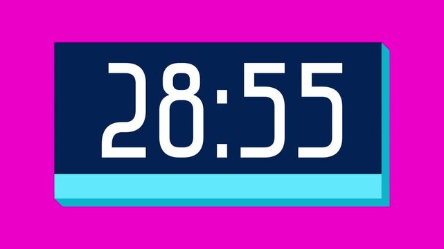 Countdown timer from 29 minute to 28 minute on pink background suitable for presentations, productivity, educational content, and more