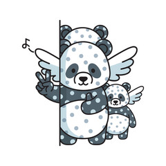 Adorable cartoon pandas with wings peeking from behind a wall with copy space