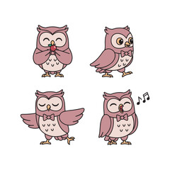 Cartoon owls singing and dancing with cute expressions