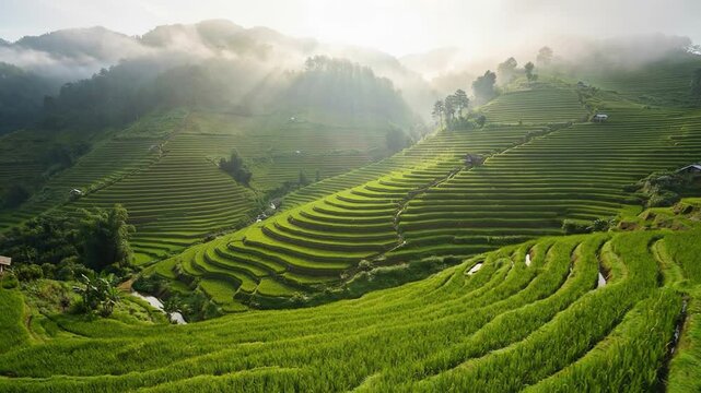 Aerial video in an amazing landscape rice field on Jatiluwih Rice Terraces, Bali, Indonesia, with a drone, above rice terraces in a beautiful day rice field. 4K footage.