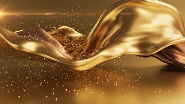 Dynamic golden and bronze liquid fabric flowing with elegant light reflections