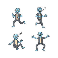 Zombie running and falling in different poses with comical expressions