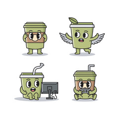 Cartoon coffee cups with different emotions and accessories on white background