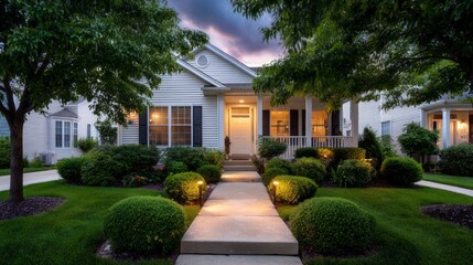 Fototapeta premium Nestled in a serene neighborhood, this delightful single-family house showcases a glowing pathway framed by well-manicured lawns and vibrant plants