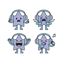 Cartoon star character enjoying music with headphones in different emotional states