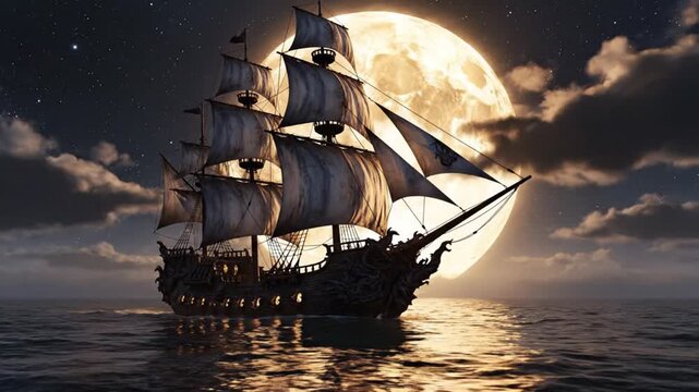 Mythical pirate ship with grand sails floating across silent ocean beneath glowing full moon golden lunar reflections illuminating carved wooden hull surrounded by night clouds mysterious seafaring fa
