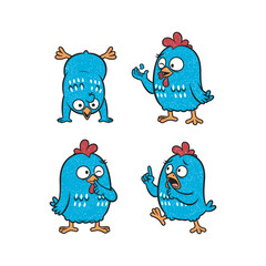 Cartoon blue chicken set with different gestures and expressions on white background