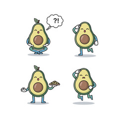 Cartoon Avocado Characters Showing Emotions and Actions with Copy Space