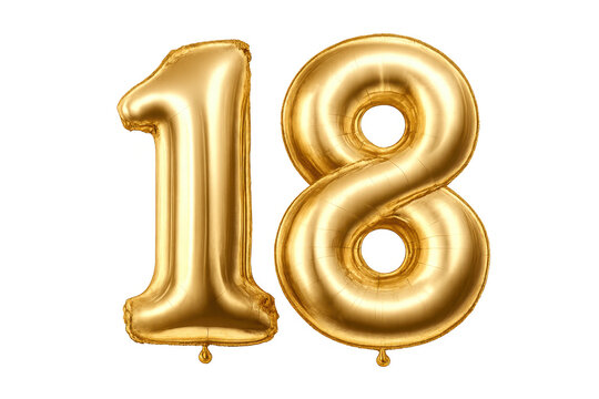 Golden number 18 foil balloon celebrating birthday turning age