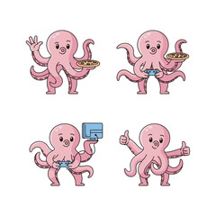 Cartoon octopus characters showing approval and holding food in various poses with copy space