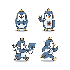 Cartoon penguin king character in various dynamic poses with crown and accessories
