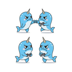 Cartoon narwhals holding hands in friendship and love on white background