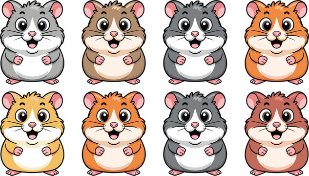 Collection of cute cartoon hamster characters in different colors including grey brown and orange isolated on white background for stickers and icons.