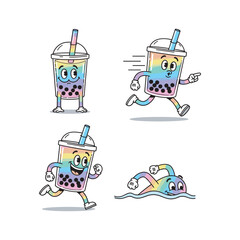 Cartoon bubble tea character running and having fun in different poses with copy space