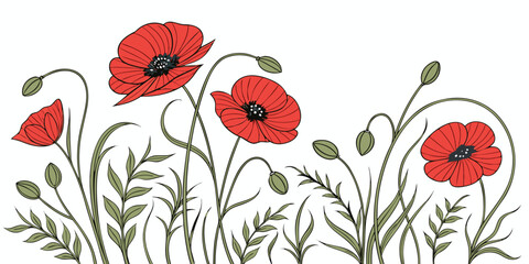 Naklejka premium Gemini saidVibrant red poppy flowers vector illustration featuring blooming spring flora and green leaves on a white background for summer garden nature design