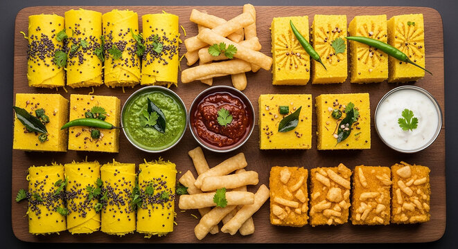 Assorted Indian snacks and condiments on wooden board