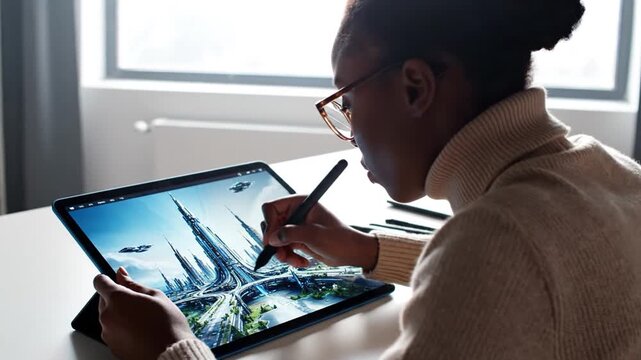 A person with glasses and a pen is sketching on a tablet, showcasing a futuristic city