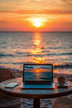A laptop on a beach table with a cup of coffee and a smartphone, the concept of remote work, and the lifestyle of a digital nomad.