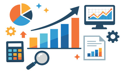 Fototapeta premium Flat design business data set featuring various charts, a calculator, a computer monitor, and a magnifying glass for financial analysis and growth