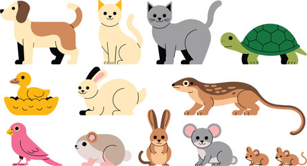 Obraz premium Flat vector animal collection featuring domestic pets and wildlife including dog cat rabbit turtle hamster and koala for educational children books zoo posters and pet shop branding isolated on white.