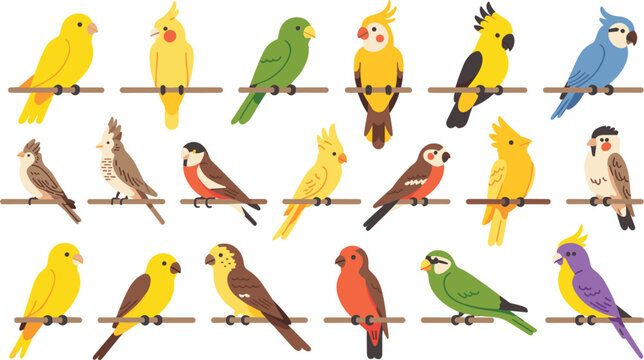 Colorful exotic bird collection vector illustration featuring parrots parakeets cockatiels and tropical 