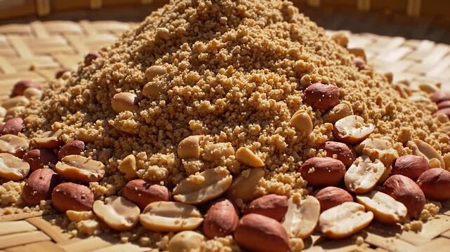 A close-up of ground peanuts and whole peanuts on a woven bamboo mat.