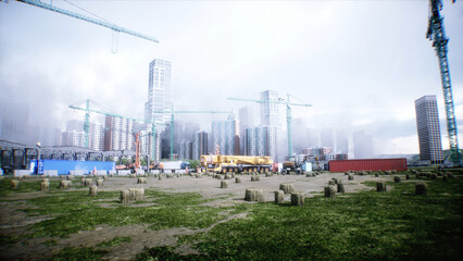 Fototapeta premium Mobile construction crane. Construction of a large industrial building or factory, building exterior. 3d rendering.