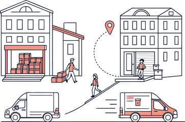 End-to-End Warehouse to Home Delivery Route Icon for Grocery Logistics and Supply Chain Tracking