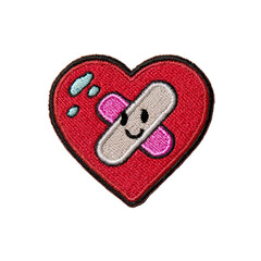 A red heart-shaped patch with a smiling bandage, symbolizing healing