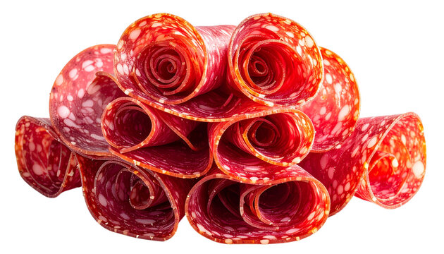 pepperoni, salami, sliced meat, processed meat, deli meat, food, meat slices, isolated, transparent background, rolled meat.