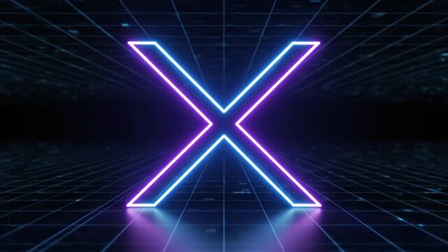 Glowing neon X symbol illuminated against a grid backdrop. Colors are blue and purple with futuristic vibe