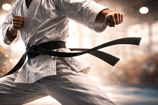 Martial art fighter ju jitsu black belt uniform strong stance focused energy punch training power discipline dedication sport combat self defense action