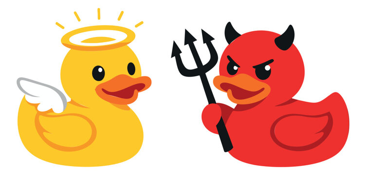 Cartoon rubber duck character set featuring an angel and a devil for choices and morality concepts