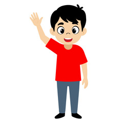 Fototapeta premium happy boy, waving hand, cartoon boy, cute character, greeting gesture, smiling child, kid character, waving hello, friendly expression, cheerful kid, flat vector, vector illustration, 2D cartoon