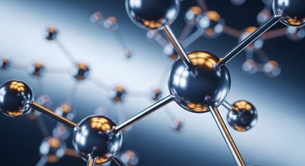 Molecular structure with silver spheres and connecting rods representing chemical bonds and biotechnology research art