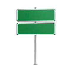 Two blank green road signs mounted on a metal pole against a black background