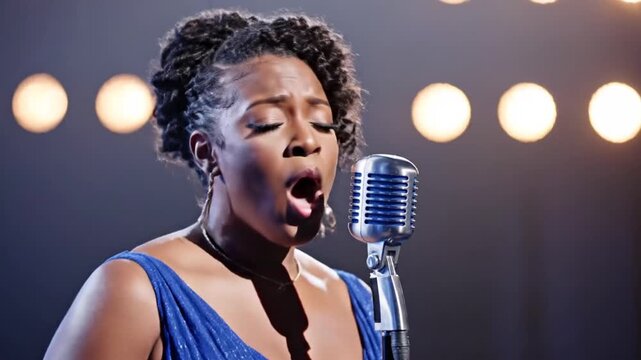 A woman with closed eyes sings into a retro microphone, wearing a blue dress with glowing stage lights