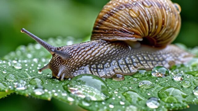 Close snail wet leaf water drop macro photography nature detail garden scene morning dew green background slow wildlife insect shell texture slug mollusk body movement bright sparkling dewdrop bokeh