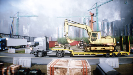 A trailer truck transporting excavator. Building and transport concept. 3d rendering. © 3D motion
