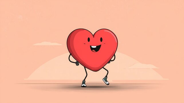 79.Adorable heart shaped cartoon character in squat pose, smiling face, minimal vector illustration style, smooth outlines, energetic workout theme for health design