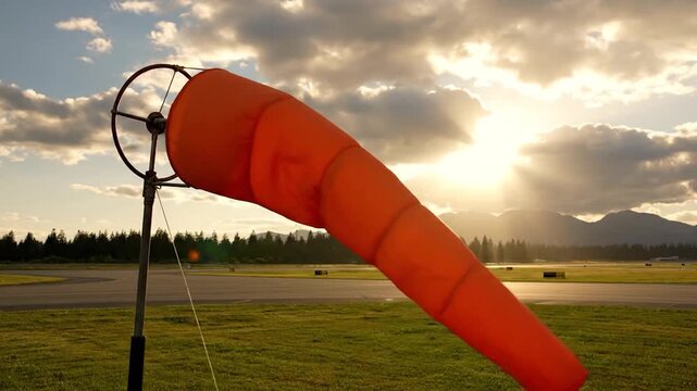 Orange windsock indicating wind direction at an airfield during a beautiful