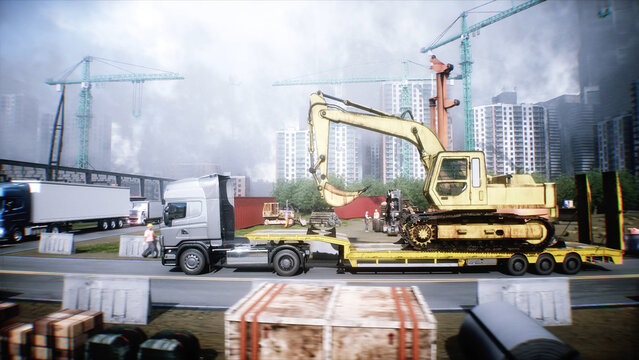 A trailer truck transporting excavator. Building and transport concept. 3d rendering.