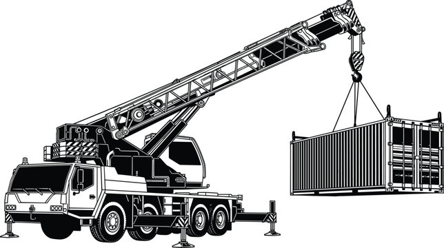 Detailed black and white illustration of mobile crane mounted on truck lifting shipping container with hook, cable, and stabilizing outriggers