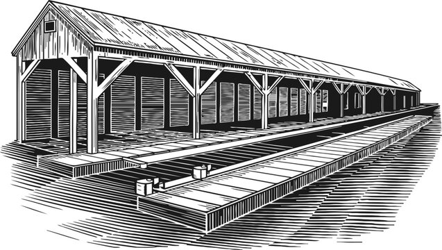 Vintage wooden train platform with covered shelter and extended boarding area perspective illustration