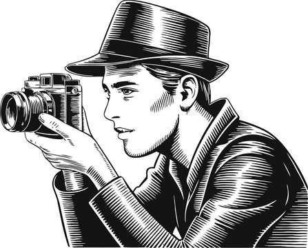 Vintage inspired illustration of a man in hat holding a camera and taking a