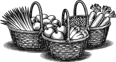Fototapeta premium Three woven baskets filled with fresh vegetables and pasta in vintage monochrome