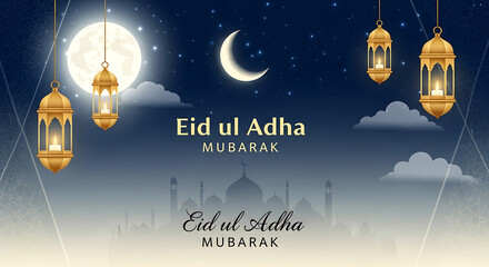 Eid ul Adha Mubarak celebration with lanterns under moonlight