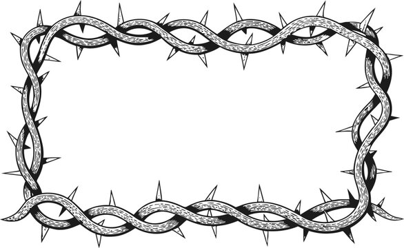 Rectangular frame made of twisted thorny vines with sharp spikes, black and white sketch design